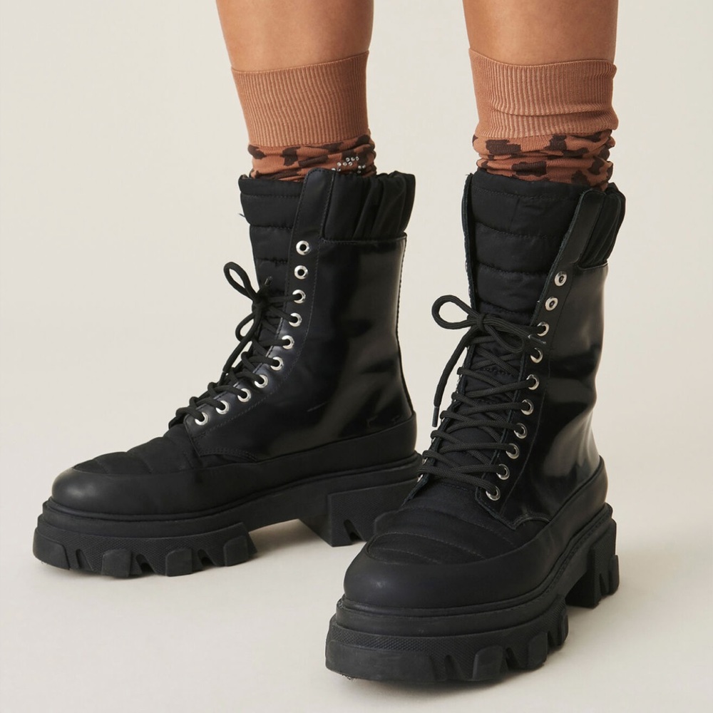 Ganni Brush Off Mixed Media Lug-Sole Boots Size 37